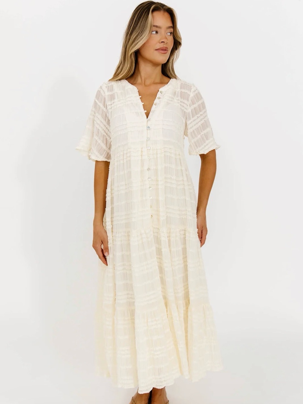 Kristin Tiered Woven Maxi Dress with Detachable Liner in Ivory - Bump Friendly